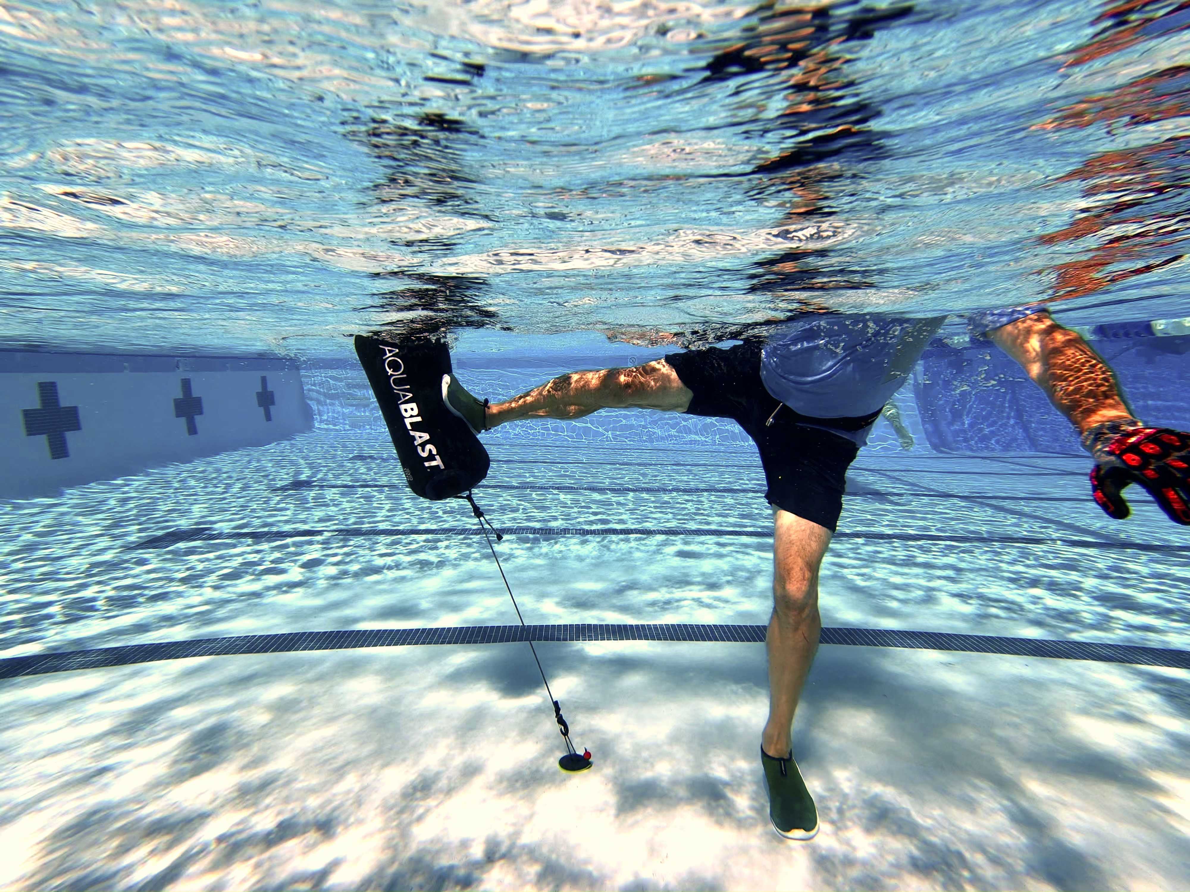 AquaBLAST Suction Tether for an immersive kickboxing workout in 3-5 feet of water