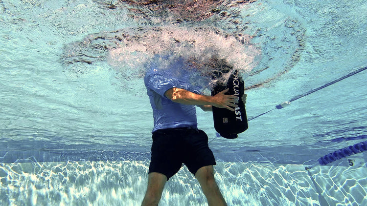 AquaBLAST pool fitness bag showing man exercising in pool using weight and resistance