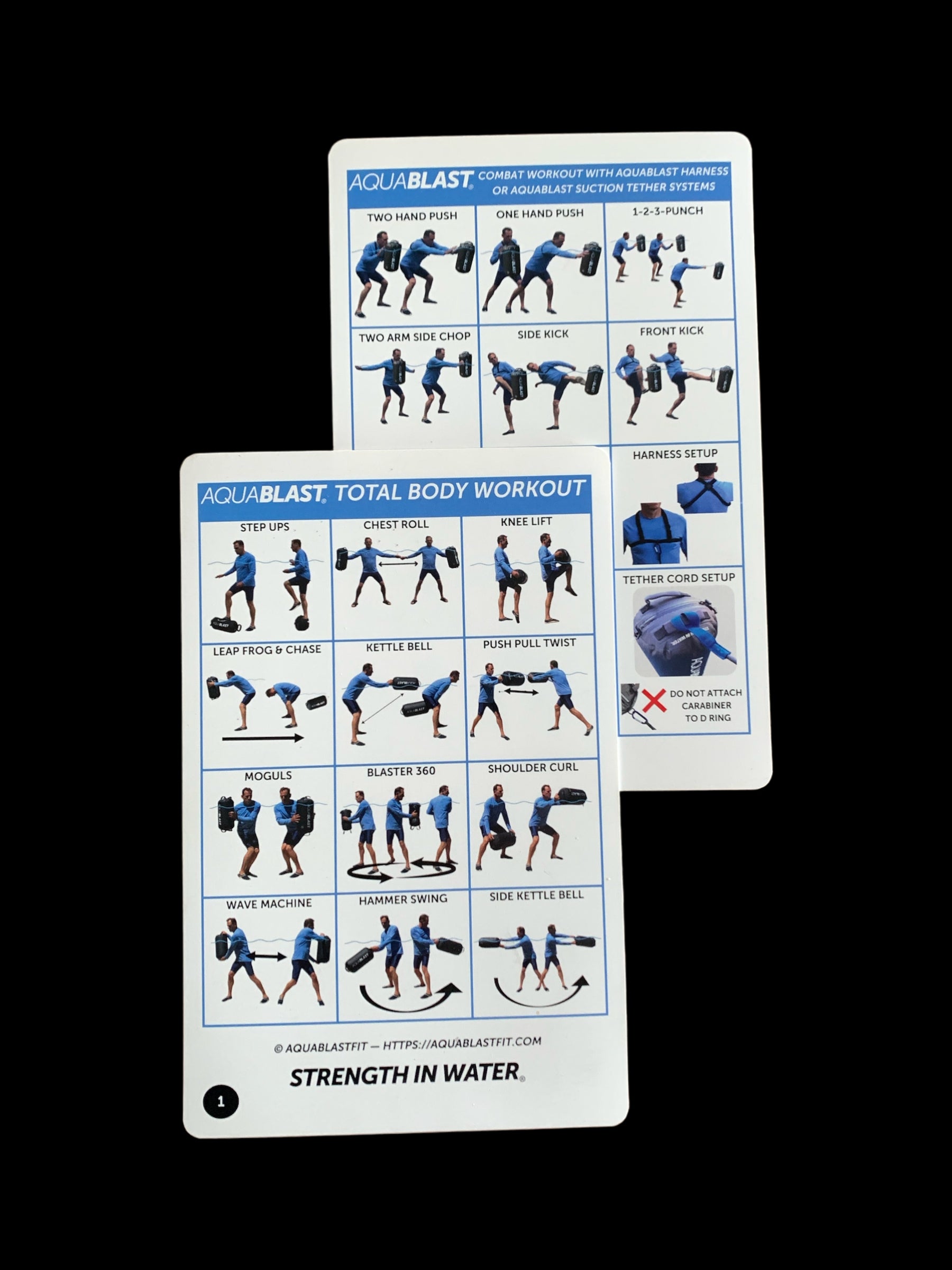 AquaBLAST Pool Fitness cards are waterproof for Aqua Fitness, Water Aerobics, Hydro Workouts, and Kickboxing